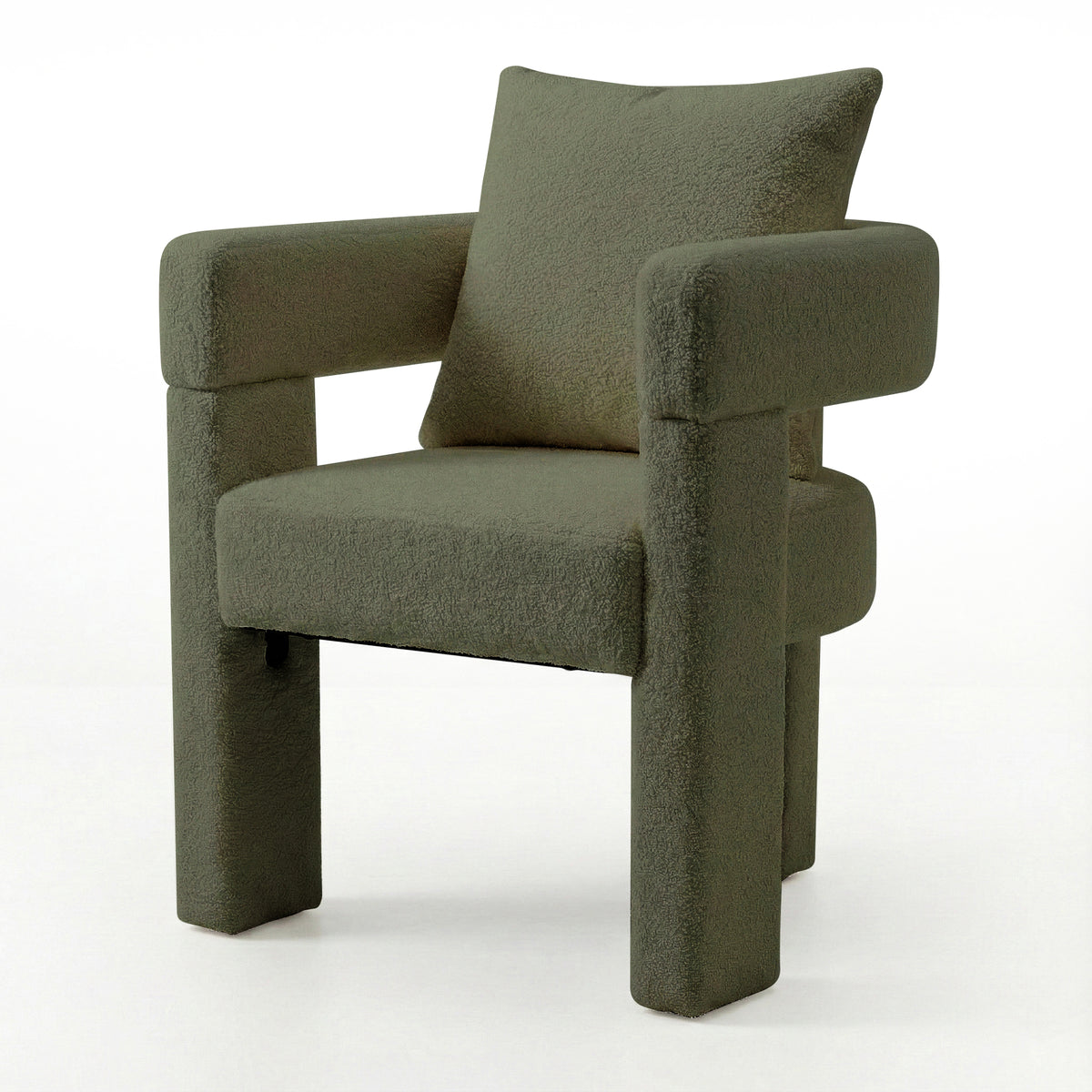 Utah Boucle Curved 3 Legged Accent Chair in Green, featuring textured olive boucle upholstery, curved back cushion, wide