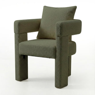 Utah Boucle Curved 3 Legged Accent Chair in Green, featuring textured olive boucle upholstery, curved back cushion, wide