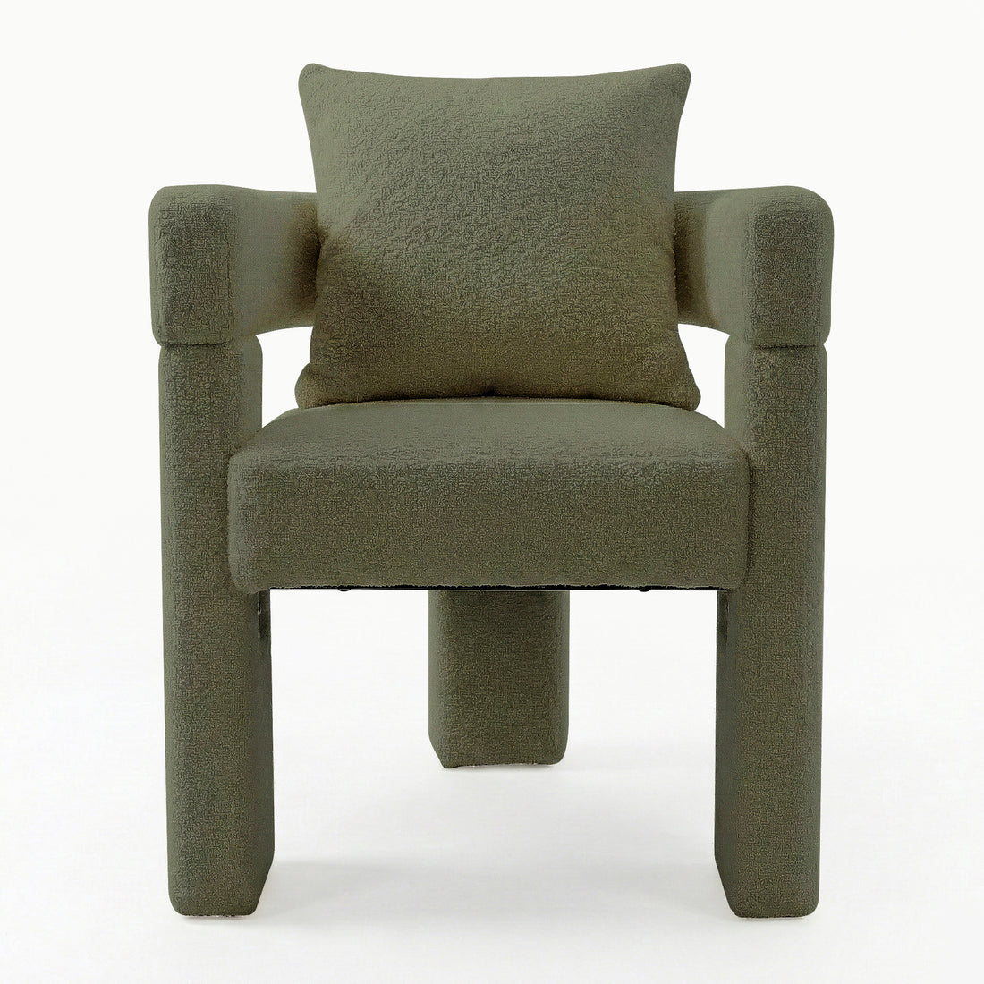 Utah Boucle Curved 3 Legged Accent Chair in Green with textured olive fabric, chunky cylindrical arms and legs, padded seat