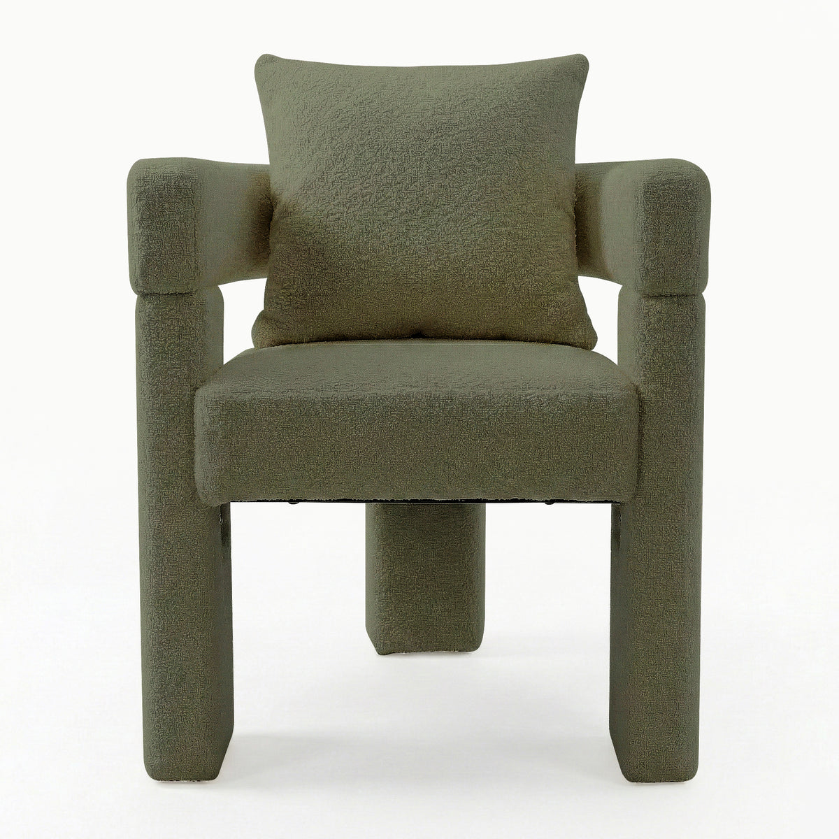 Utah Boucle Curved 3 Legged Accent Chair in Green with textured olive fabric, chunky cylindrical arms and legs, padded seat