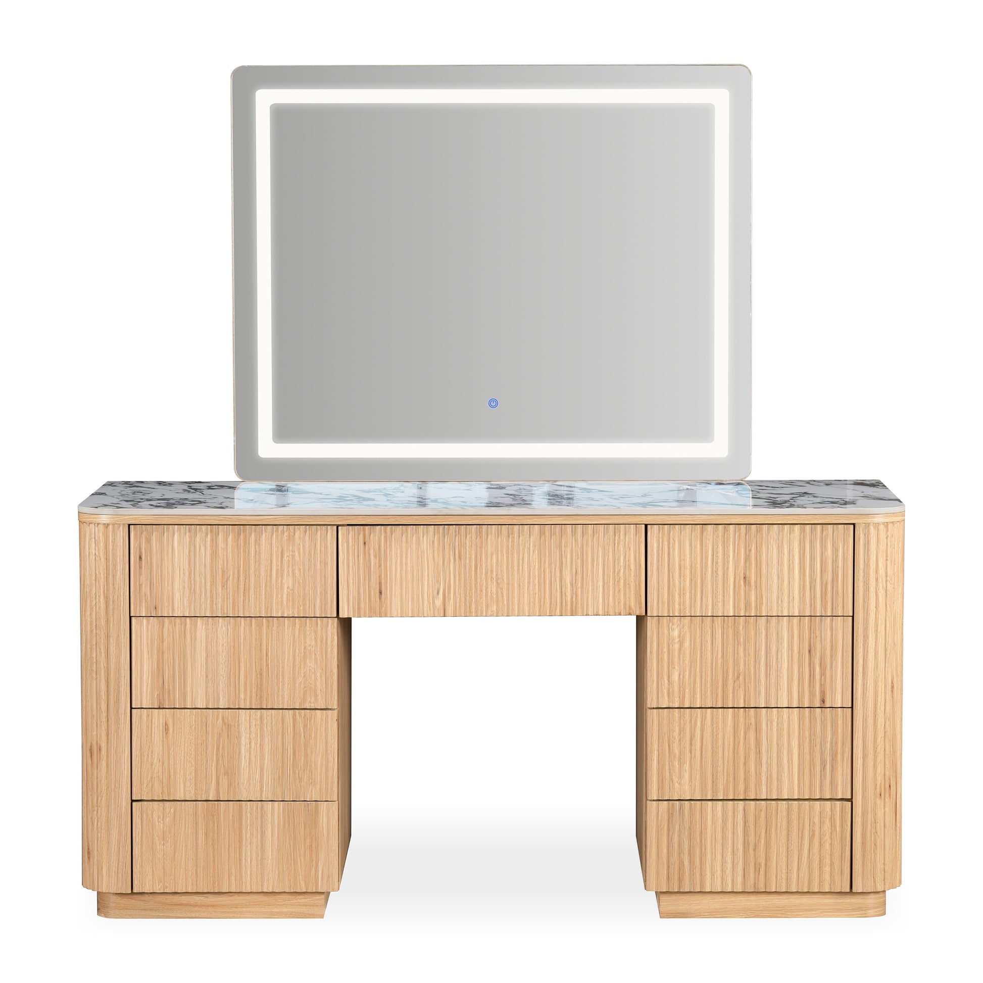 Natural oak vanity table with marble-look top, seven drawers, and rectangular LED mirror with touch control