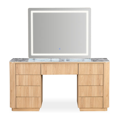 Natural oak vanity table with marble-look top, seven drawers, and rectangular LED mirror with touch control