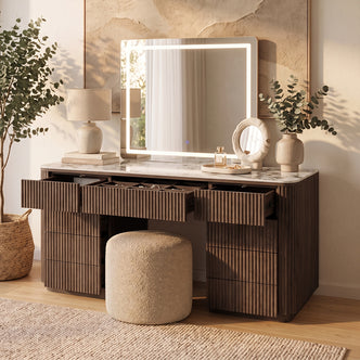 Walnut vanity table with ribbed drawers, marble top, LED mirror, open storage compartments and round upholstered stool