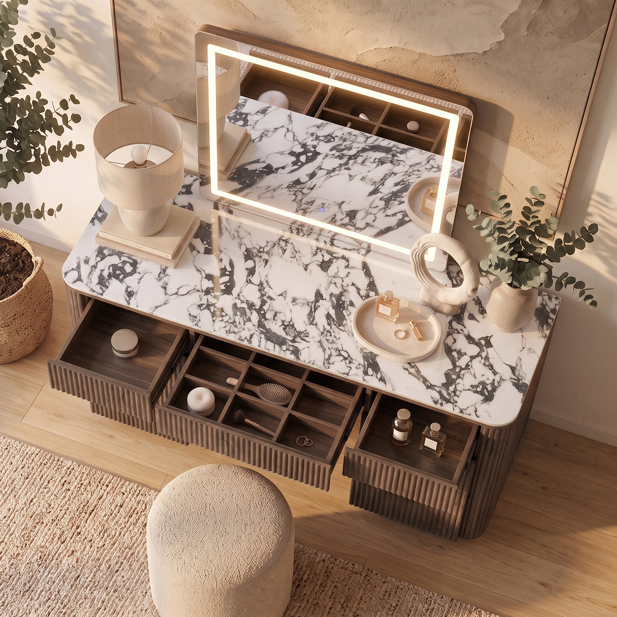 Valerie vanity table with marble-look top, LED mirror, open drawers with organisers, walnut finish