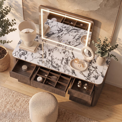 Valerie vanity table with marble-look top, LED mirror, open drawers with organisers, walnut finish