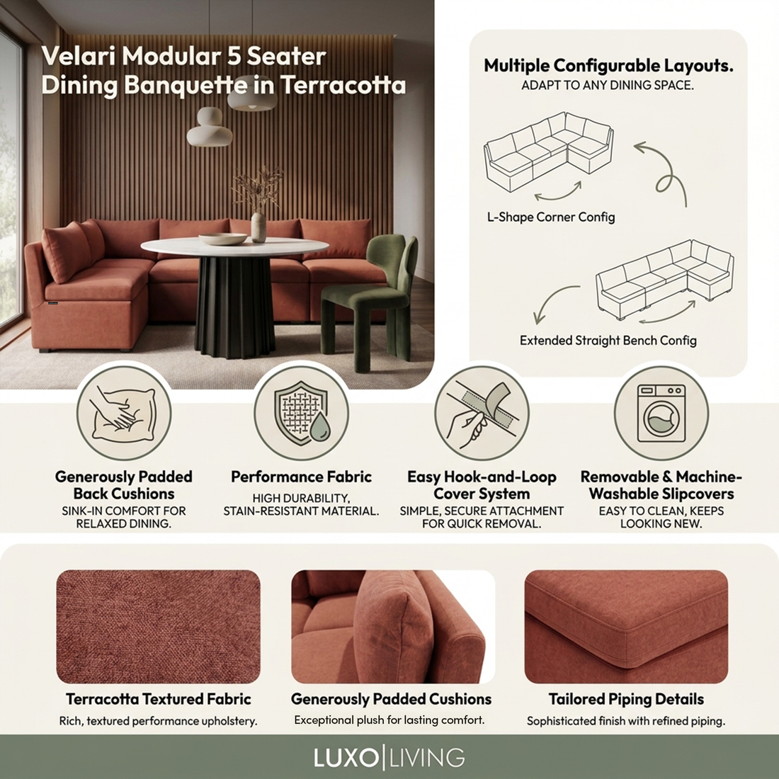 Velari Modular 5 Seater Dining Banquette in Terracotta styled in a room setting