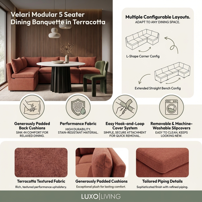 Velari Modular 5 Seater Dining Banquette in Terracotta styled in a room setting