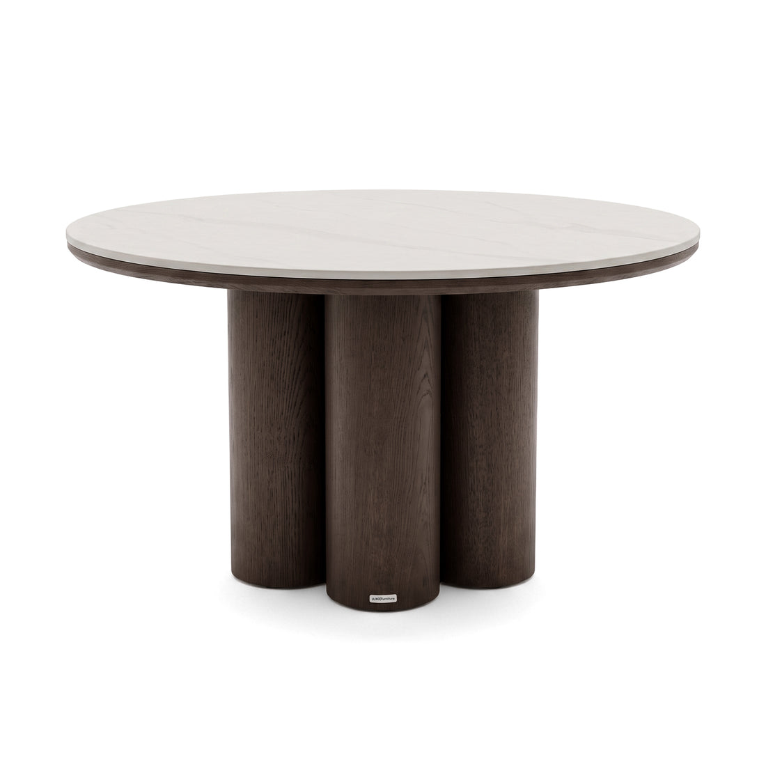 Round dining table with light top and dark cylindrical base on white background