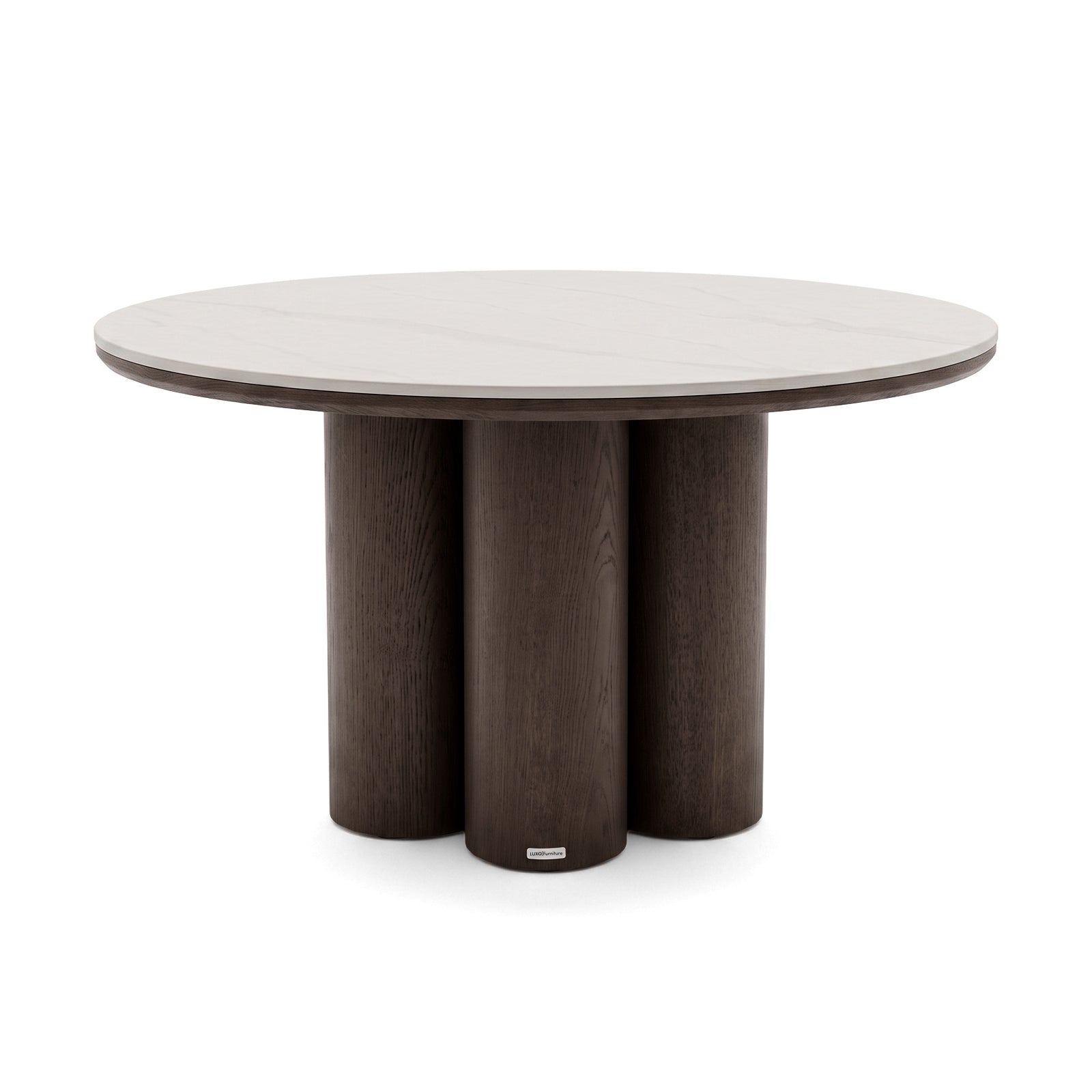 Round dining table with light top and dark cylindrical base on white background