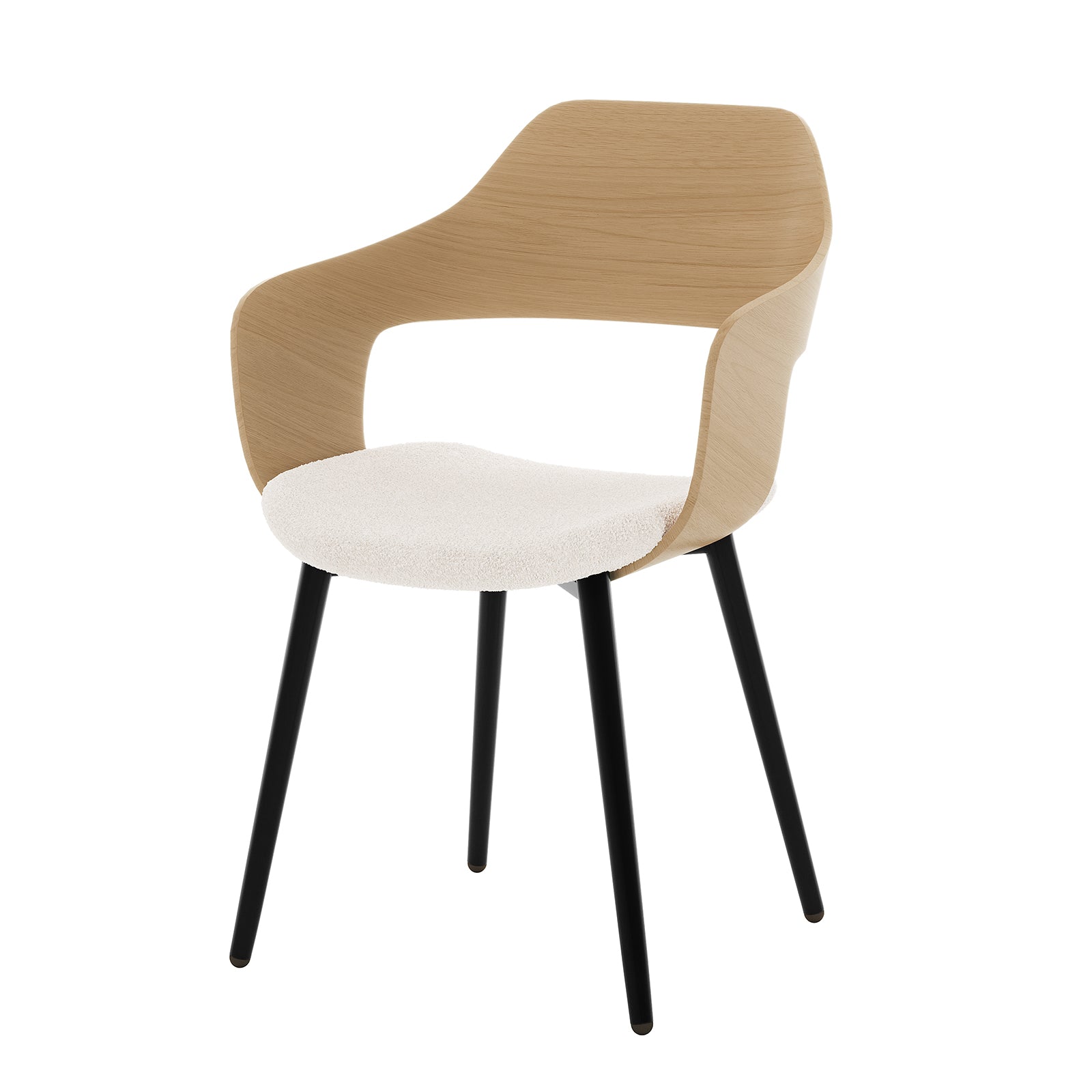 Winfield Curved Wooden Back Boucle Dining Chair Cream White Set of 2 features a close-up of the chair's elegant wooden back and armrest, showcasing its modern design and high-quality craftsmanship.
