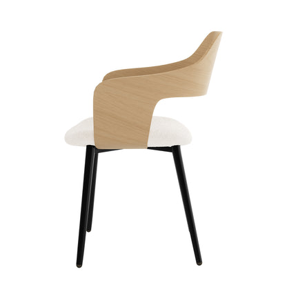Winfield Curved Wooden Back Boucle Dining Chair Cream White Set of 2 features a close-up of the elegant curved wood back and textured boucle upholstery, highlighting its contemporary design and craftsmanship.