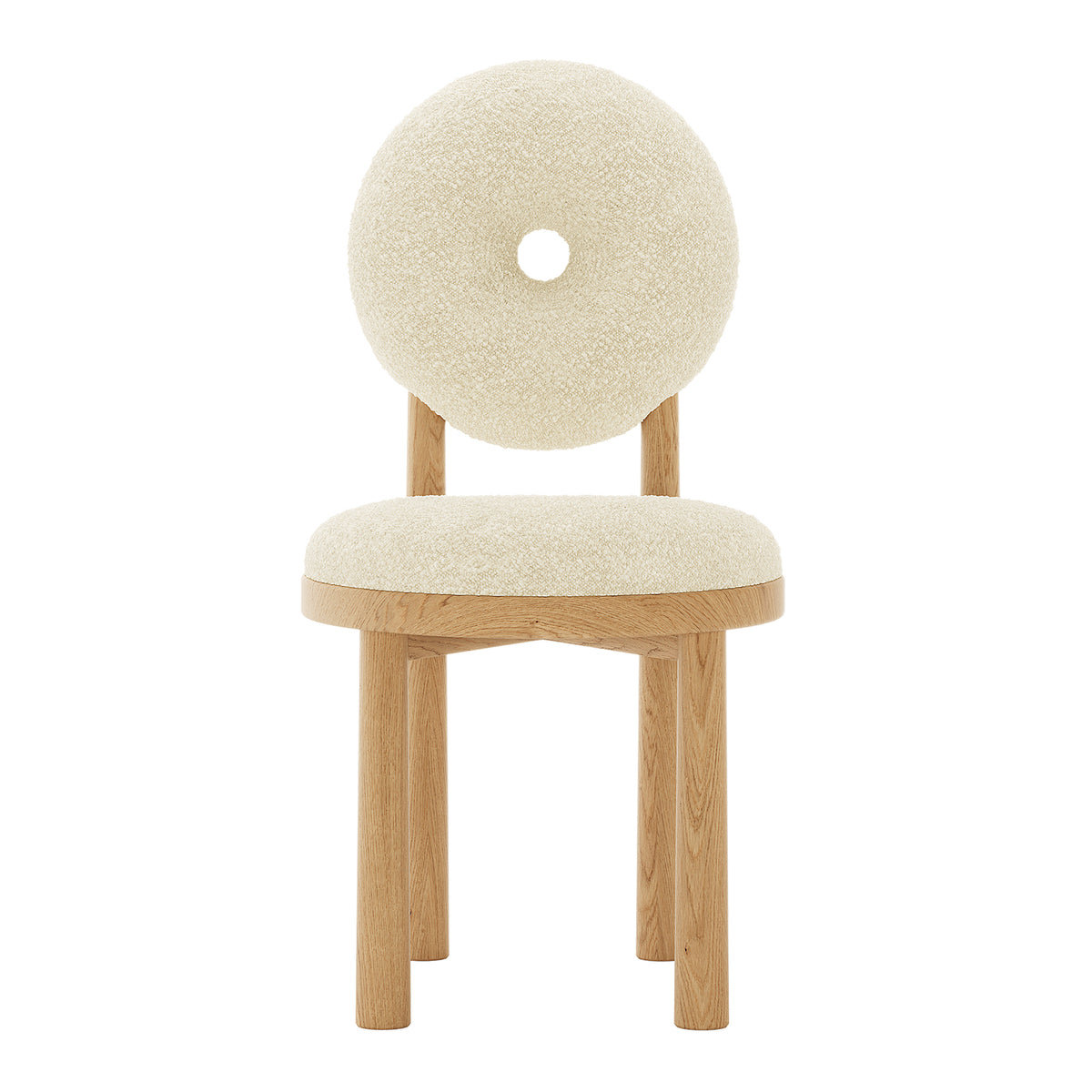 Wubin Boucle Solid Oak Round Dining Chair Set of 2 featuring a solid oak frame with plush boucle fabric upholstery, visible round shape, and elegant wood accents, ideal for modern dining spaces.