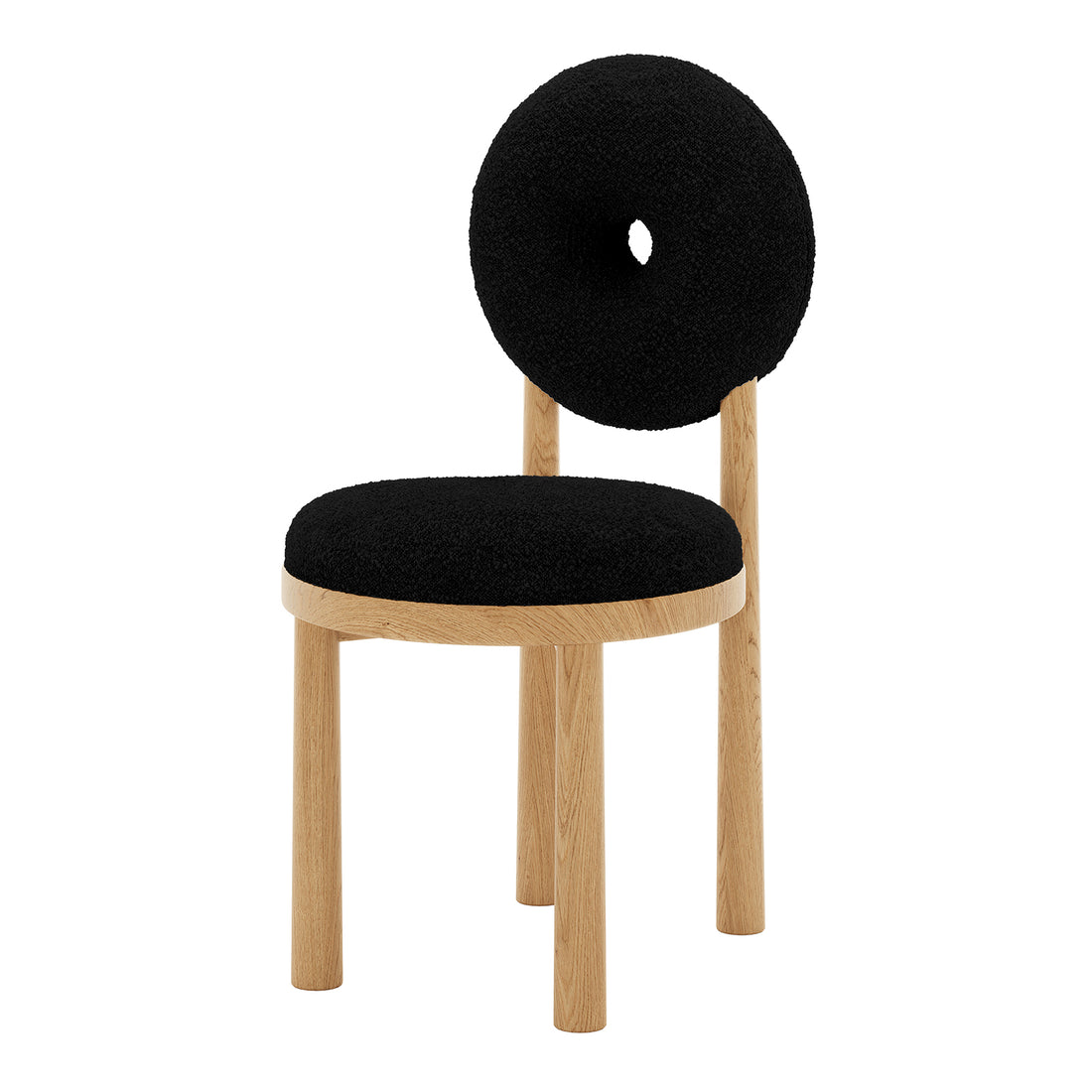 Close-up of Wubin Boucle Solid Oak Round Dining Chair Set, featuring a wooden frame with a black cushioned seat, highlighting its elegant design and sturdy oak construction.