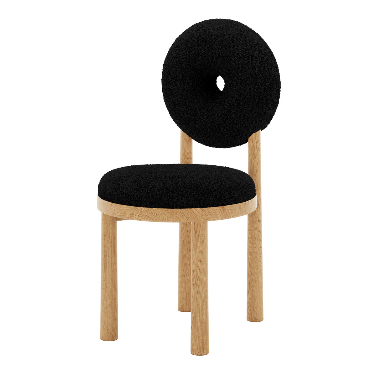 Close-up of Wubin Boucle Solid Oak Round Dining Chair Set, featuring a wooden frame with a black cushioned seat, highlighting its elegant design and sturdy oak construction.