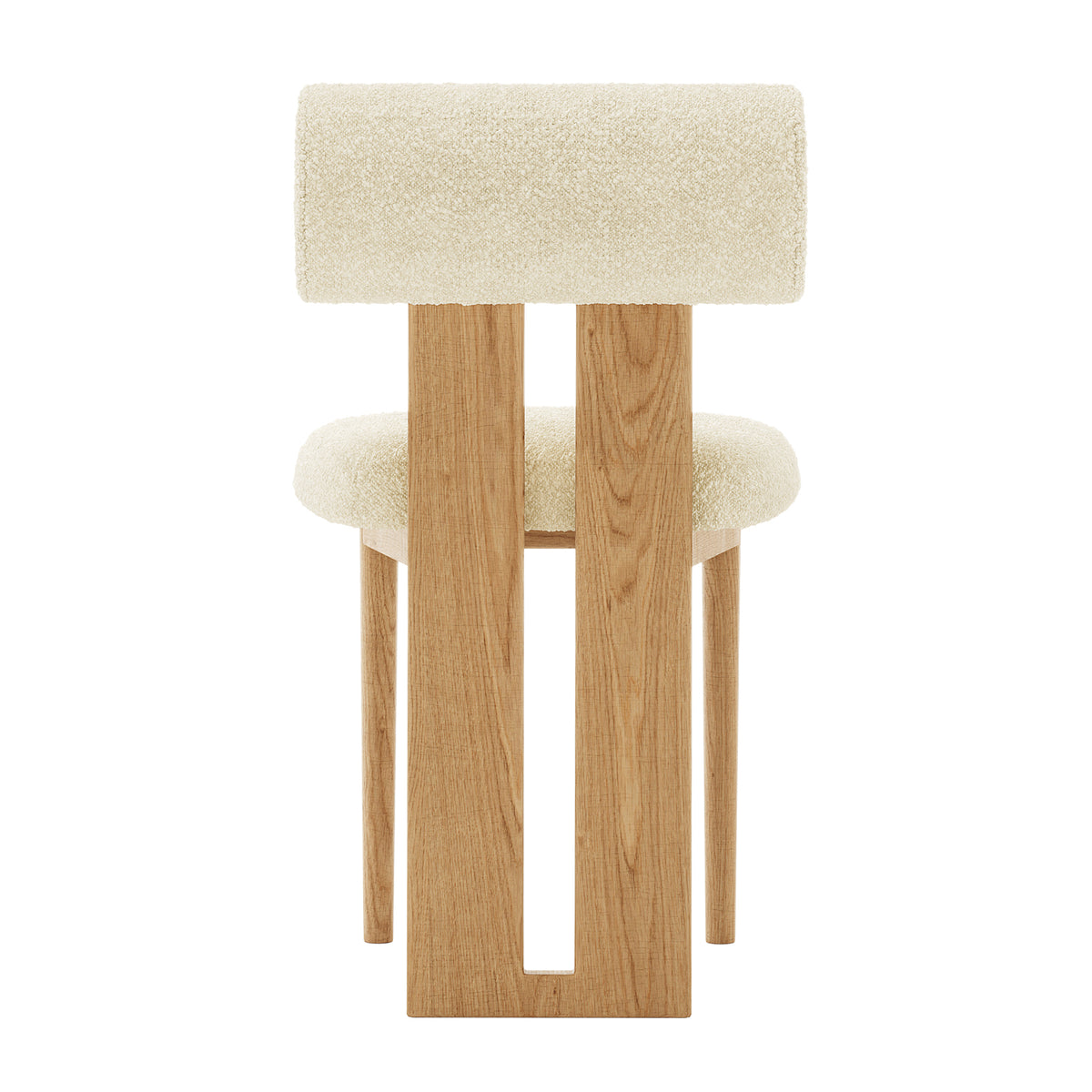 Wylie Boucle Oak Dining Chair Set highlighting plush boucle upholstery, solid oak frame, and elegant wood accents, ideal for adding comfort and style to dining spaces.