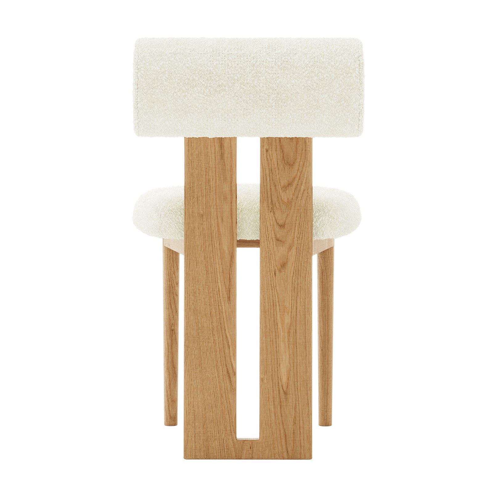 Wylie Boucle Oak Dining Chair Cream White Set of Two showcasing plush boucle upholstery, thick cushioning, and elegant American oak-paneled legs, emphasizing comfort and sophisticated design in a close-up view.