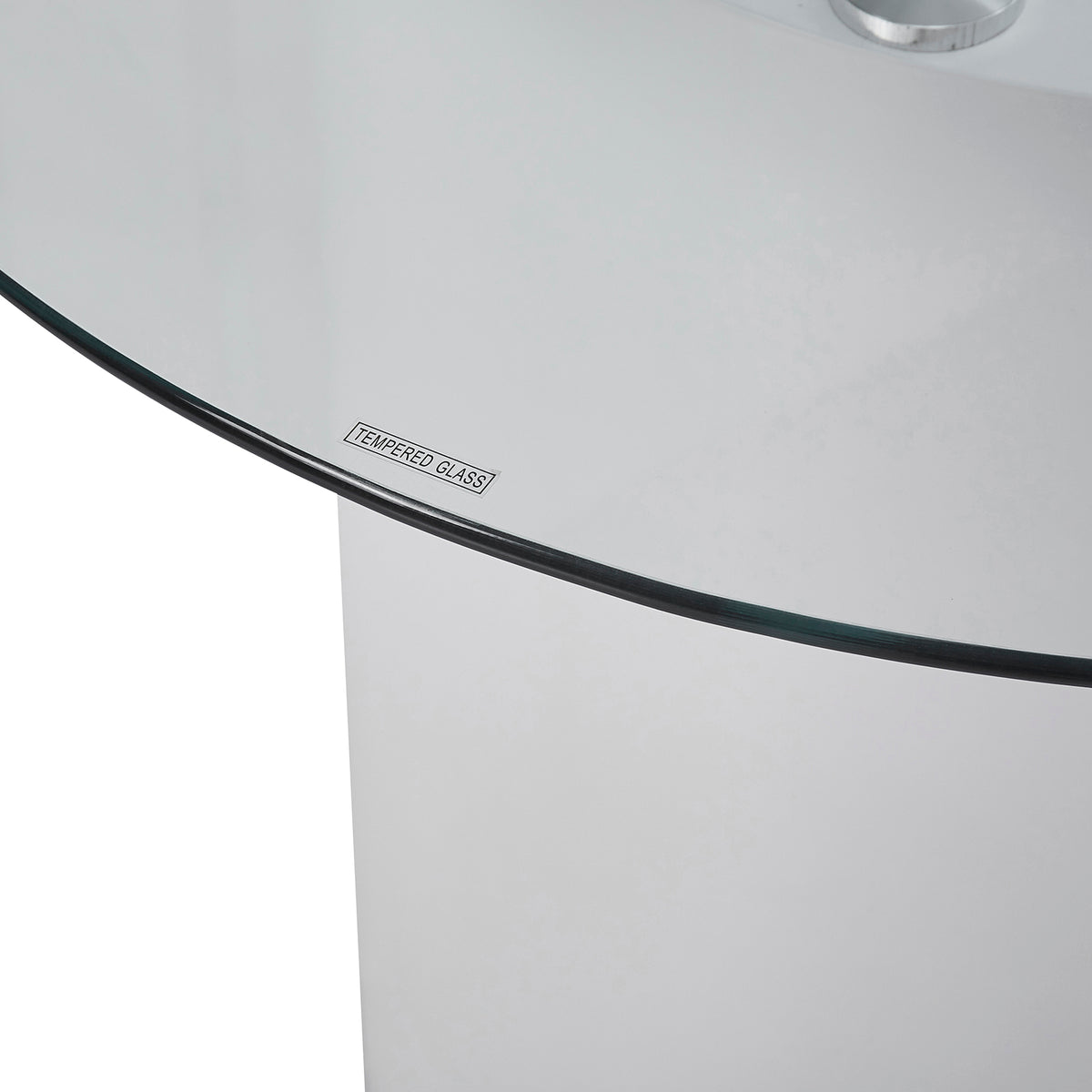 Close-up of the Zora 200cm Round Tempered Glass Oval Dining Table, showcasing its sleek tempered glass top paired with unique engineered wood legs, highlighting its modern and elegant design.