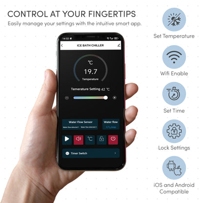 A hand holds a smartphone displaying the “Ice Bath Chiller” app for the Lambert 2-Person 1HP Chiller Ice Bath in Black, showing temperature settings, flow rate, and control icons.