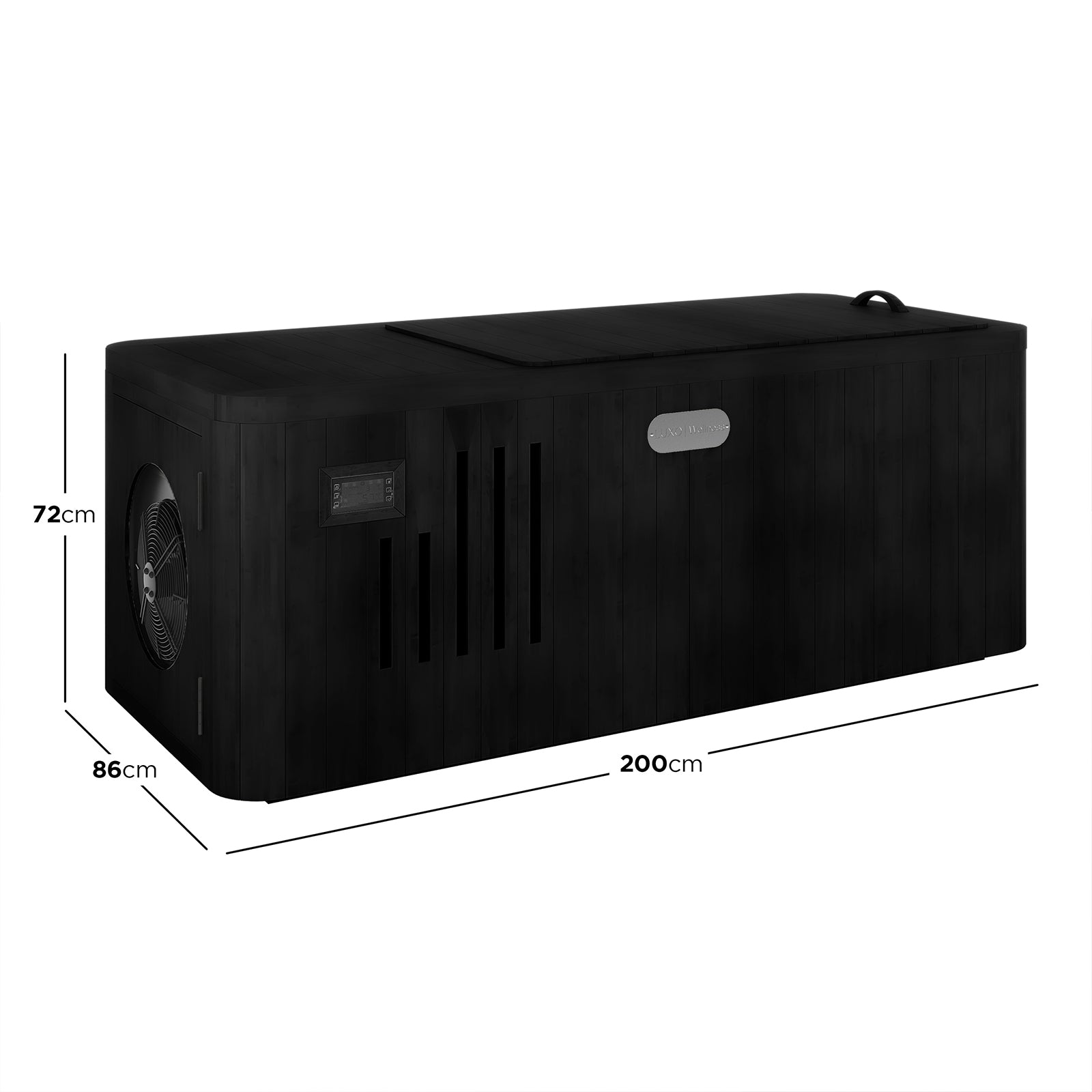 Lambert 2-Person 1HP Chiller Ice Bath in Black with dimensions 200cm x 86cm x 72cm, featuring digital control panel, circular