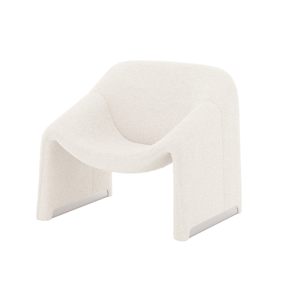 Aaralyn Bouclé Accent Chair: Close-up of a white chair with metal legs, featuring soft, textured bouclé fabric and a curved ergonomic design for stylish comfort and support.
