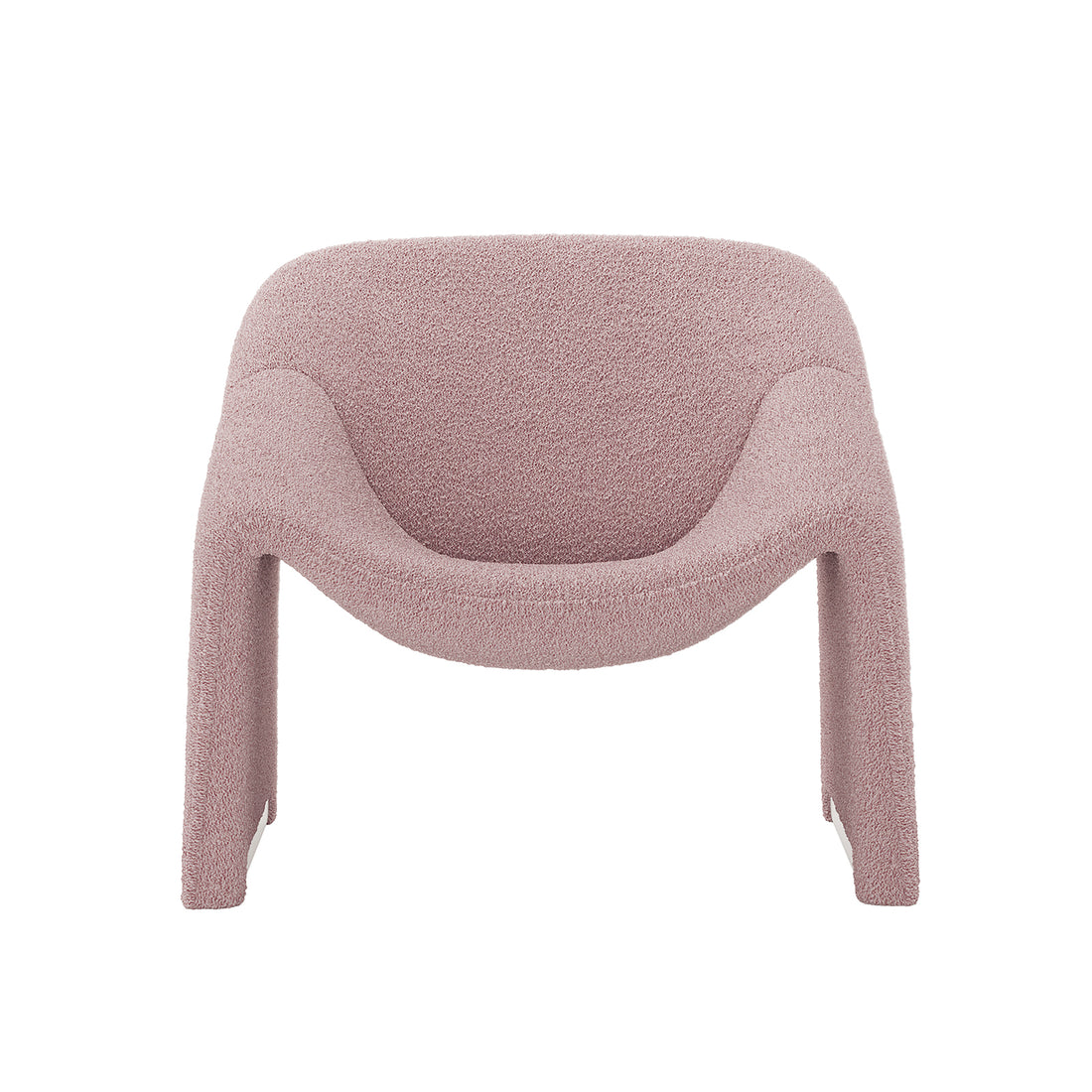 Close-up of the Aaralyn Boucle Accent Chair in Dusty Pink, showcasing its textured boucle fabric and sturdy wooden legs, highlighting its modern design and plush comfort.