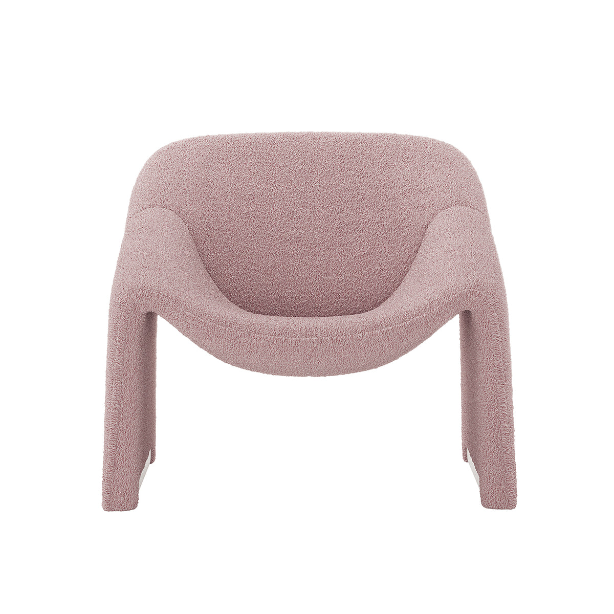 Close-up of the Aaralyn Boucle Accent Chair in Dusty Pink, showcasing its textured boucle fabric and sturdy wooden legs, highlighting its modern design and plush comfort.
