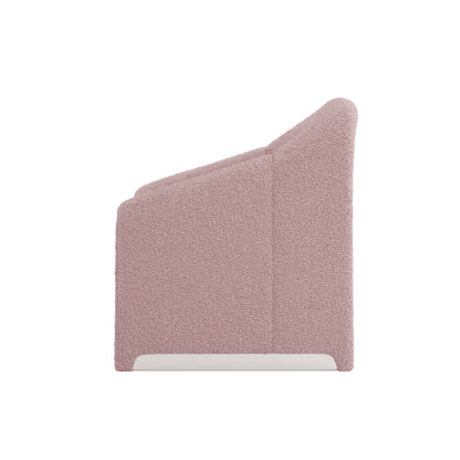 Aaralyn Boucle Accent Chair - Dusty Pink, showcasing a close-up of the textured boucle fabric, emphasizing its modern design and plush seating, framed by a solid wood structure for stability.