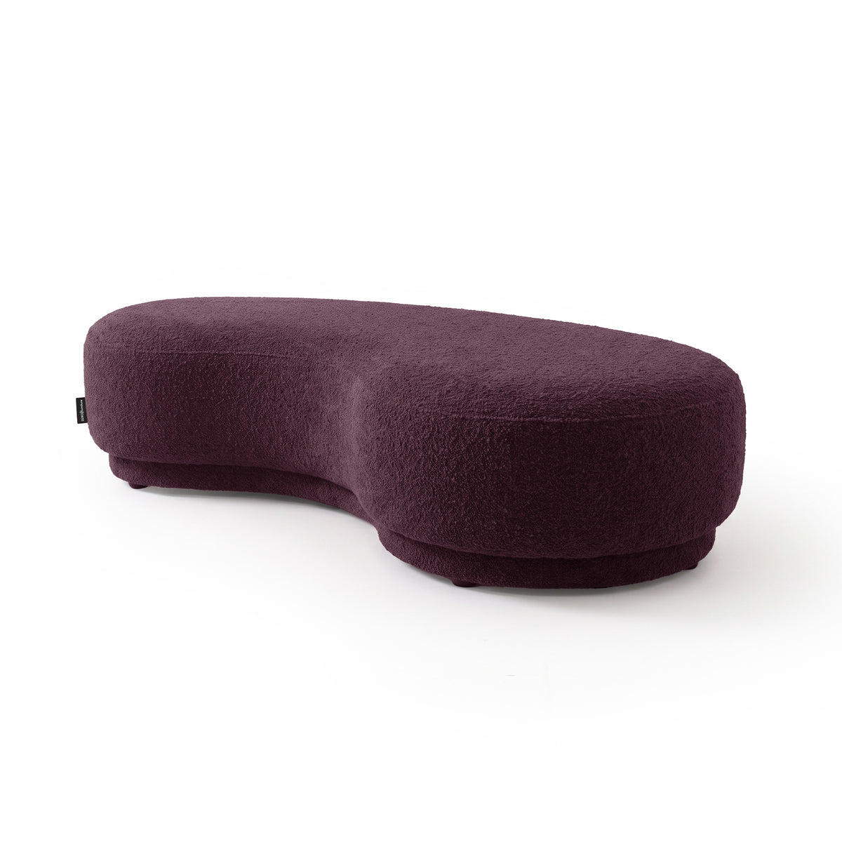 Kidney-shaped plum upholstered bench  seat on a white background