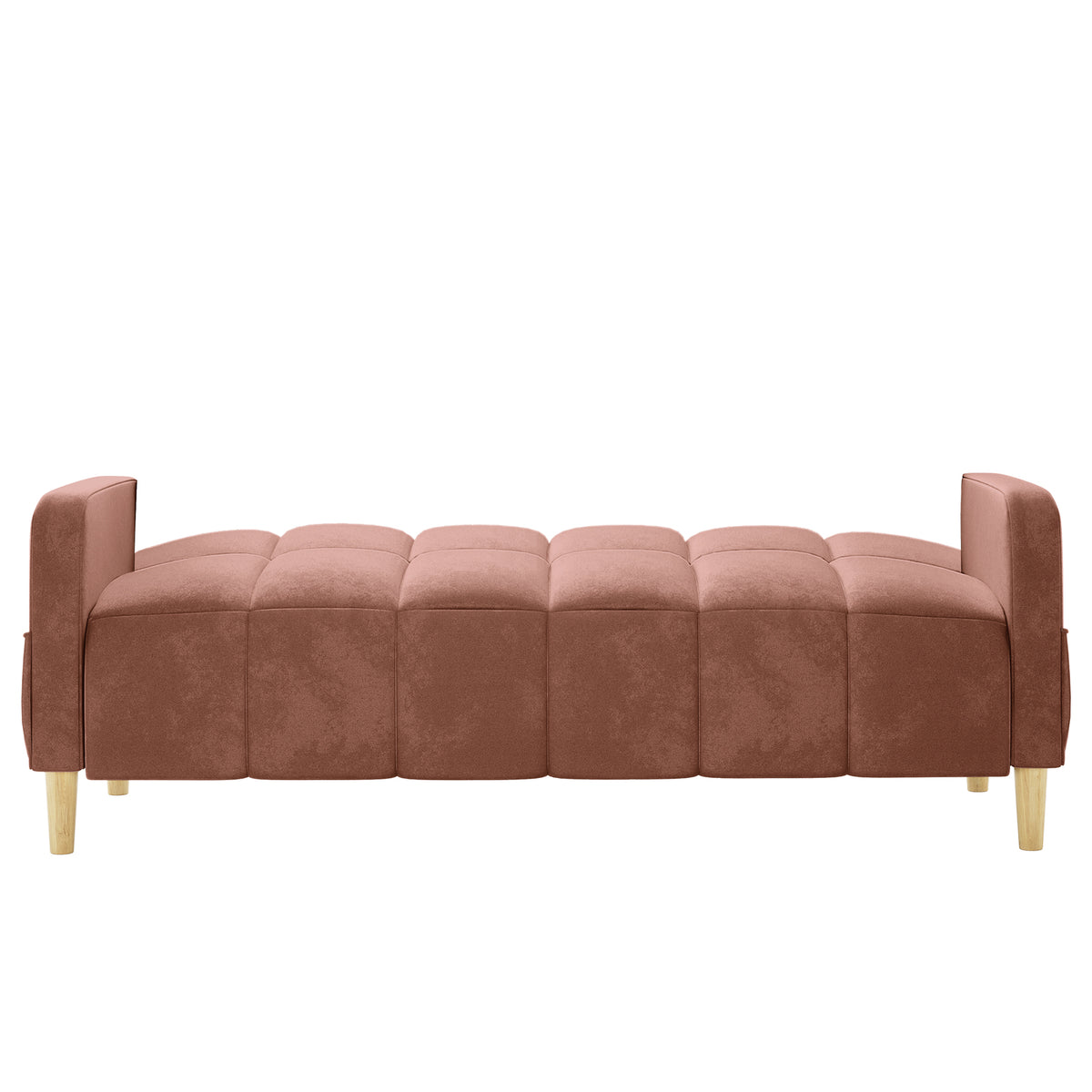 Anica 3 Seater Velvet Sofa Bed in Blush, featuring a low-profile design with tufted dusty-rose upholstery, cushioned segments, padded armrests, and four wooden legs, offers versatile comfort and style.
