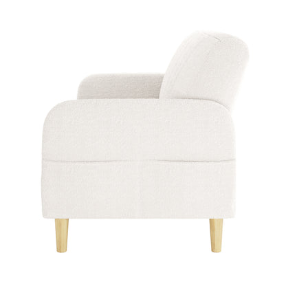 Side-view of Anica 3 Seater Boucle Sofa Bed in Cream White, showcasing its textured fabric, gently rounded arms, and backrest, standing on four light-wood tapered legs.
