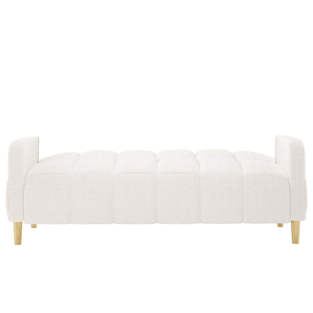 Anica 3 Seater Boucle Sofa Bed in Cream White, featuring a low-profile design with soft tufted boucle upholstery, squared arm ends, and light-wood tapered legs, providing versatility as a daybed.