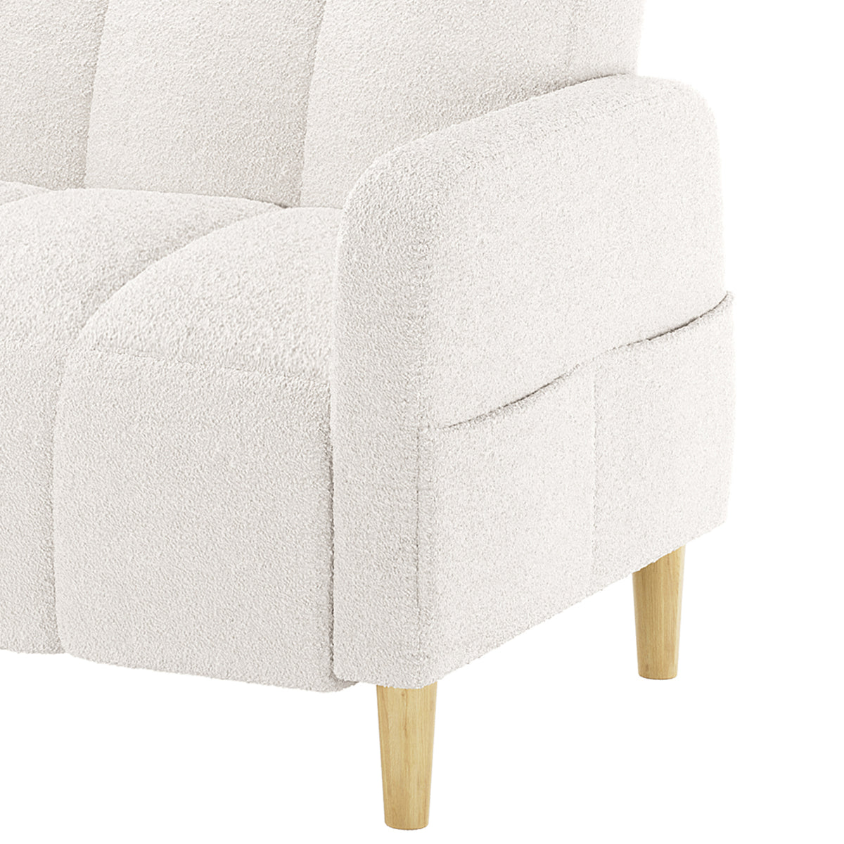 Anica 3 Seater Boucle Sofa Bed in Cream White showcasing a soft, off-white bouclé fabric with channel tufting, short tapered wooden legs, and versatile sofa-to-bed design for stylish, functional seating.