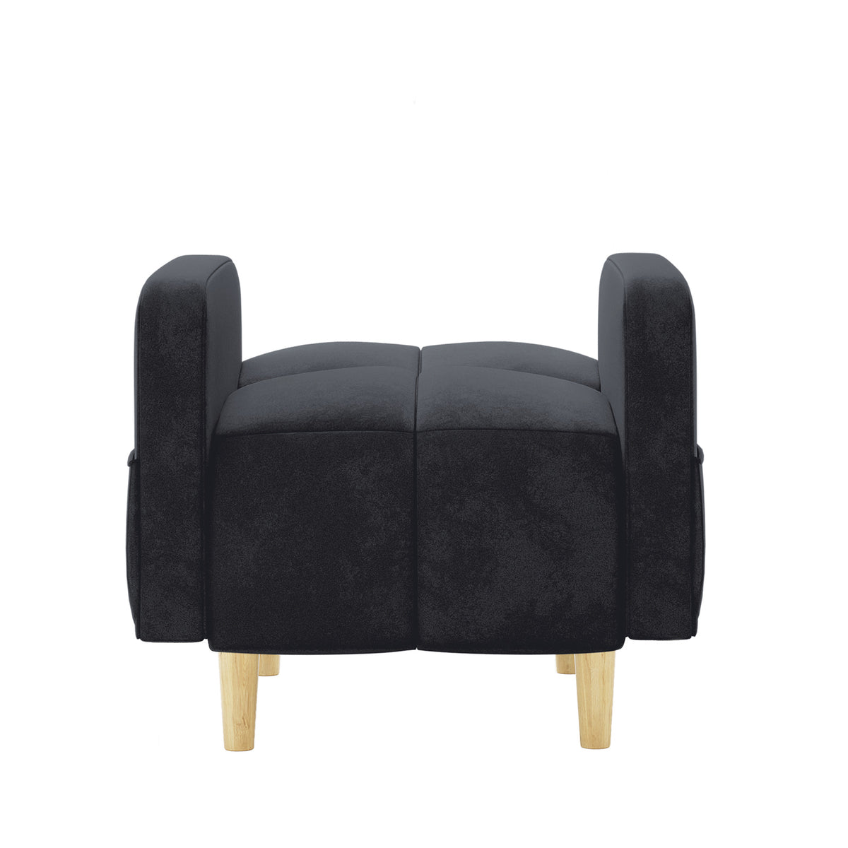 Anica 6 Seater Velvet Fabric Sofa Bed Set in Black, showcasing a small black ottoman with a cube shape, split padded sections, and convertible design resting on light wood legs.
