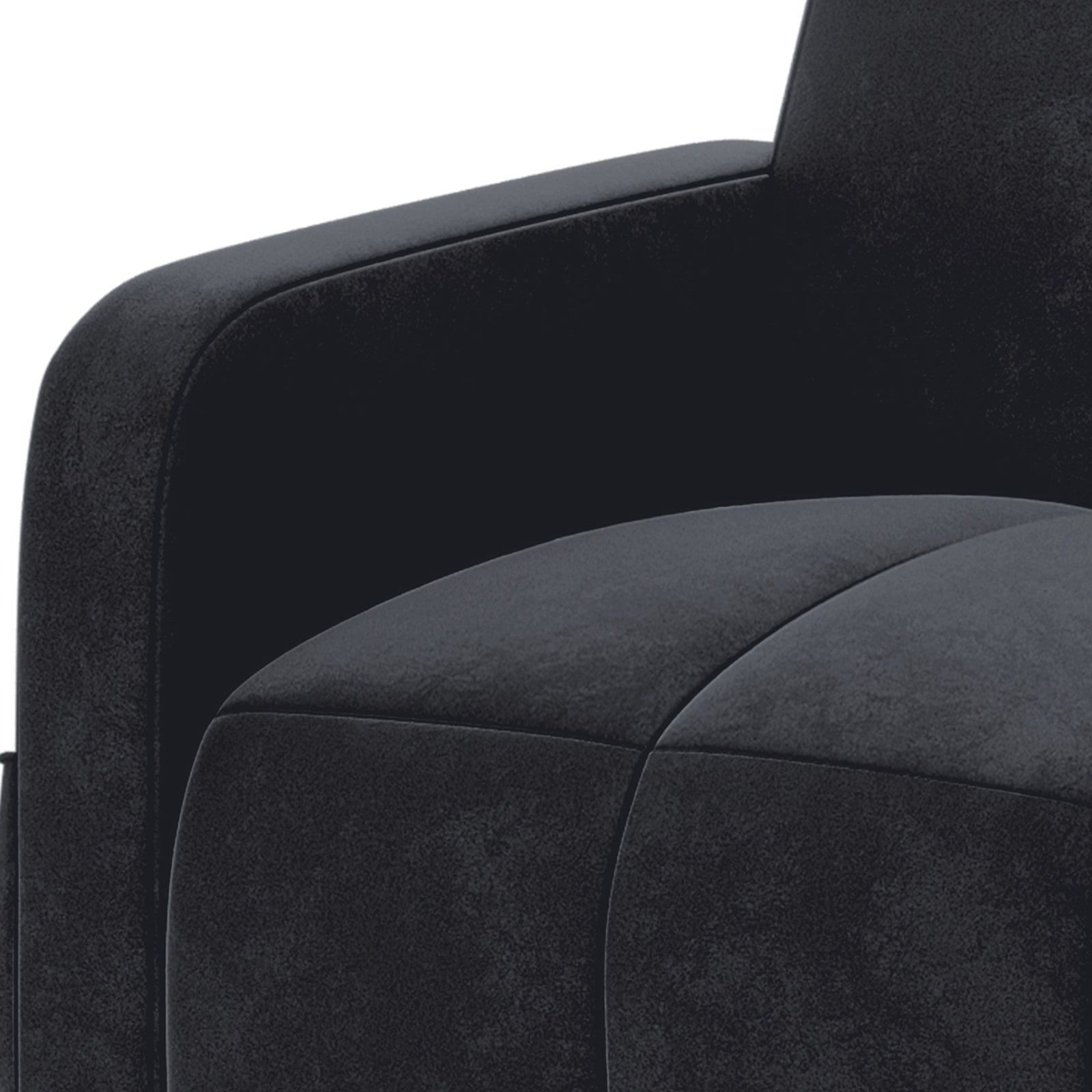 Close-up of the Anica 6 Seater Velvet Sofa Bed Set in Black, highlighting the junction of the armrest and seat cushion, showcasing its plush velvet fabric and detailed seam lines.