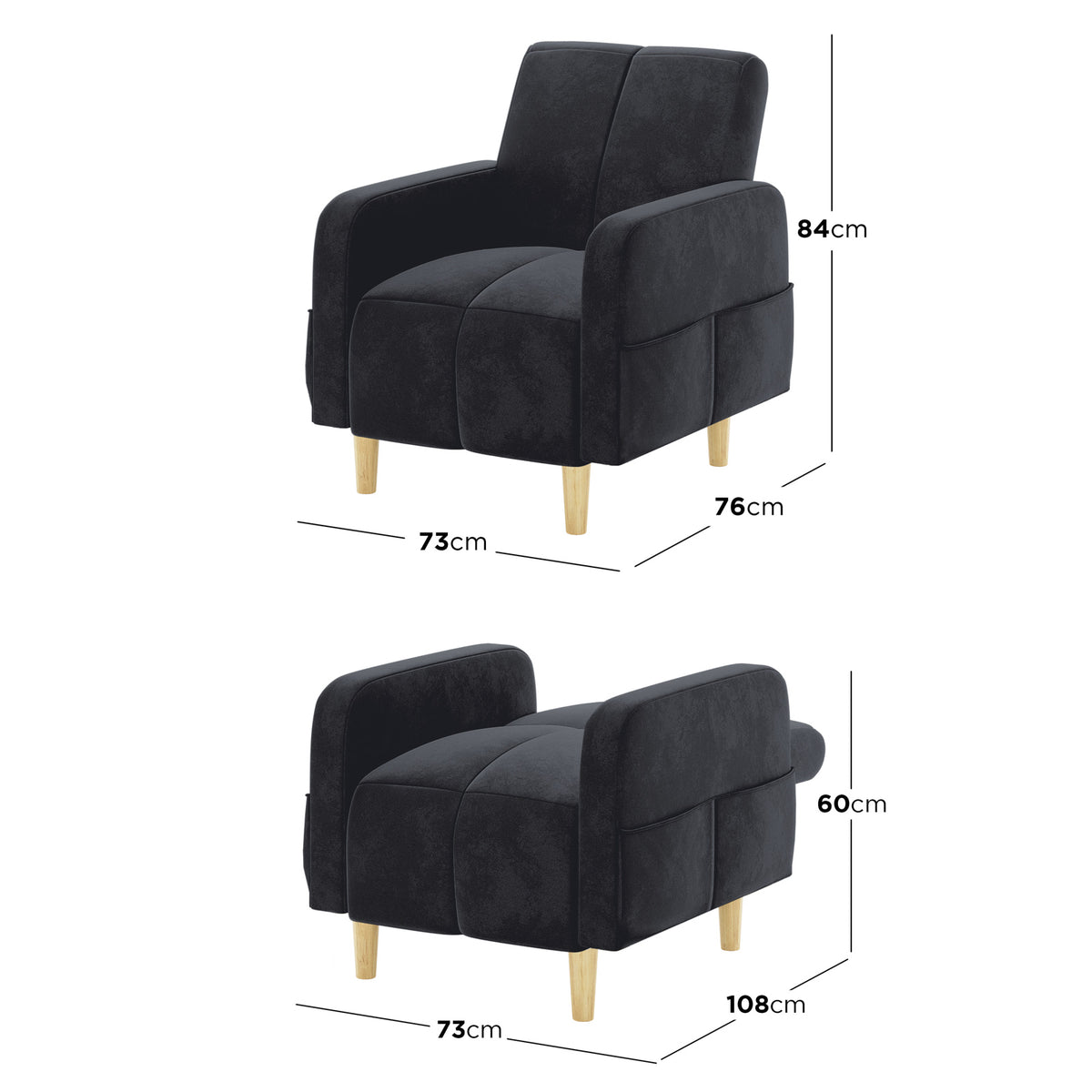 Anica 6 Seater Velvet Fabric Sofa Bed Set in Black features a small upholstered armchair, converts to a lounger/bed with light-wood legs, and precise dimensions overlay for versatile use.