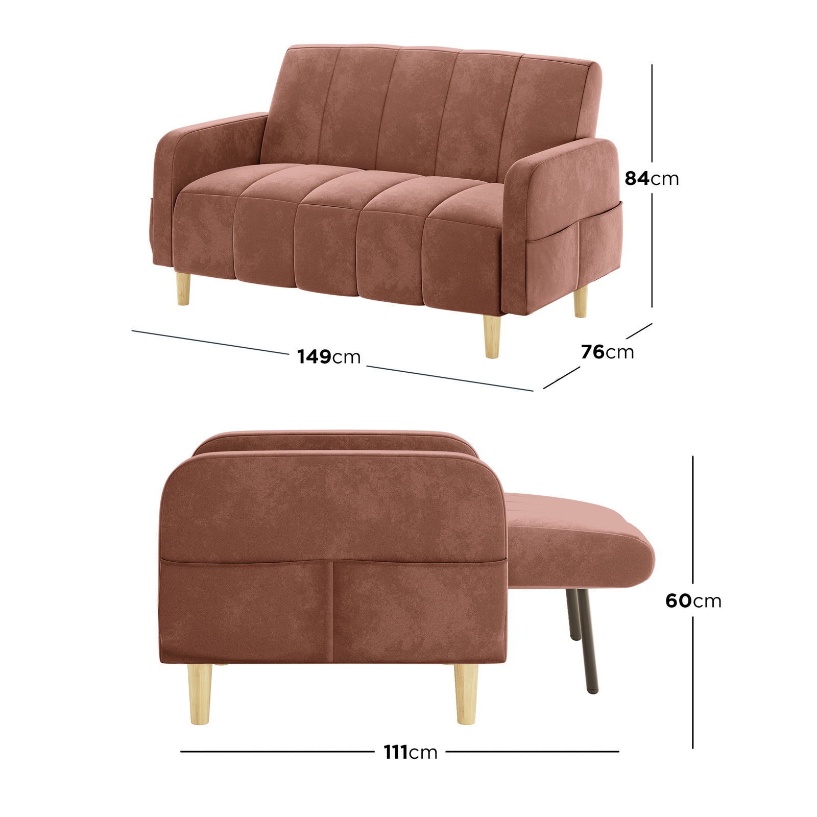 Anica 6 Seater Velvet Fabric Sofa Bed Set in Blush, featuring a small two-seater with muted terracotta upholstery, short wooden legs, and partially extended, showcasing dimensions for versatile, modular living.