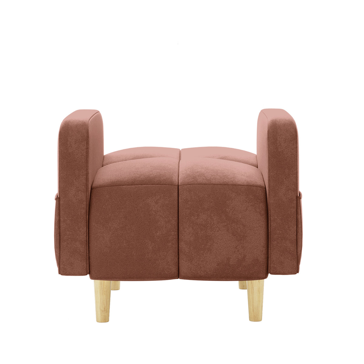 Anica 6 Seater Velvet Fabric Sofa Bed Set in Blush features a two-seat loveseat ottoman with rust-colored velvet, two tufted cushions, matching armrests, and turned light-wood legs, embodying elegance and modular functionality.