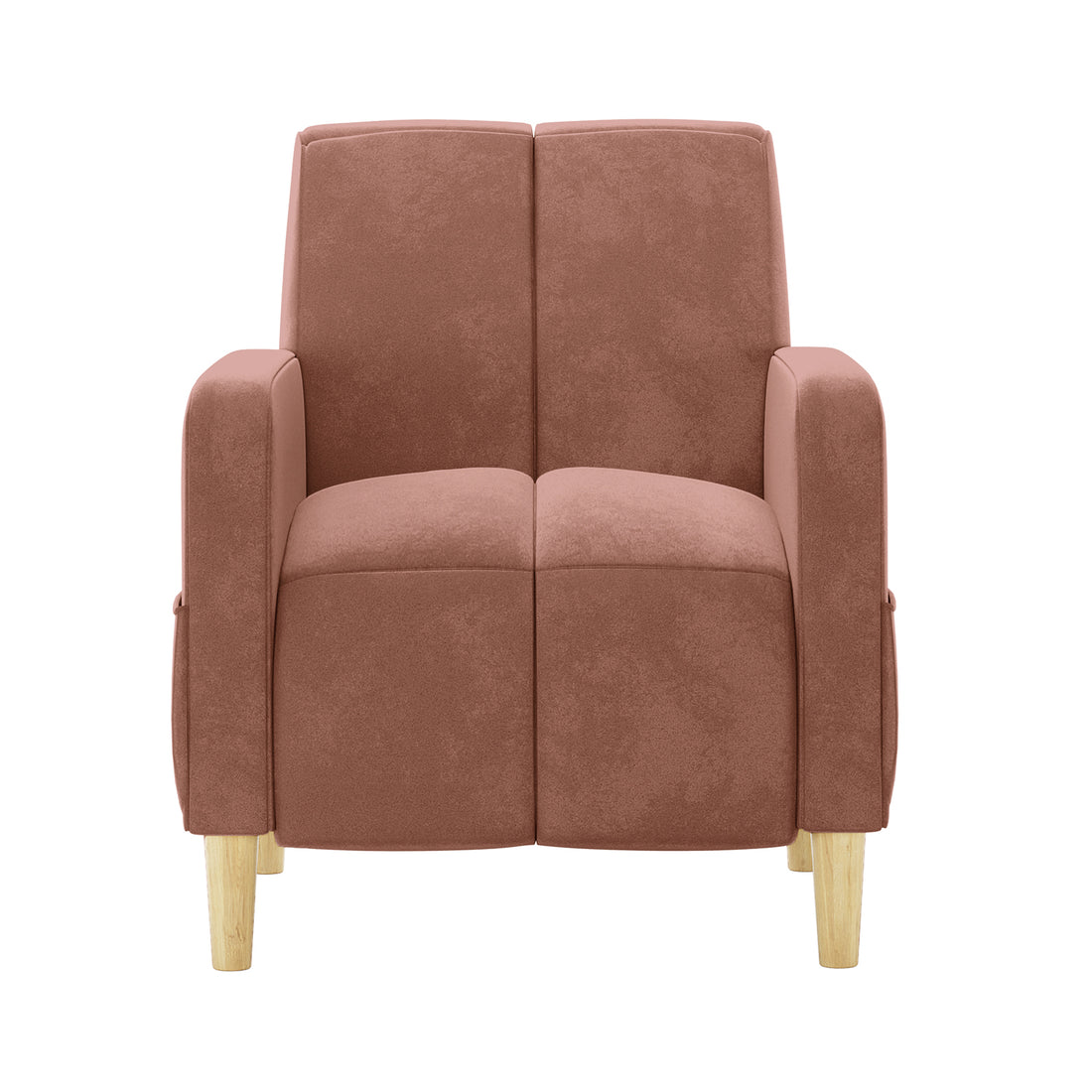 Anica Single Seater Velvet Fabric Sofa Chair in Blush, featuring a square-paneled cushion design, low straight armrests, and four short tapered wooden legs.