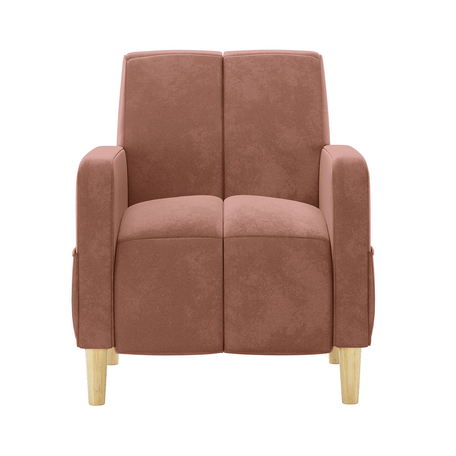 Anica Single Seater Velvet Fabric Sofa Chair in Blush, featuring a square-paneled cushion design, low straight armrests, and four short tapered wooden legs.