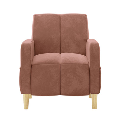 Anica Single Seater Velvet Fabric Sofa Chair in Blush, featuring a square-paneled cushion design, low straight armrests, and four short tapered wooden legs.