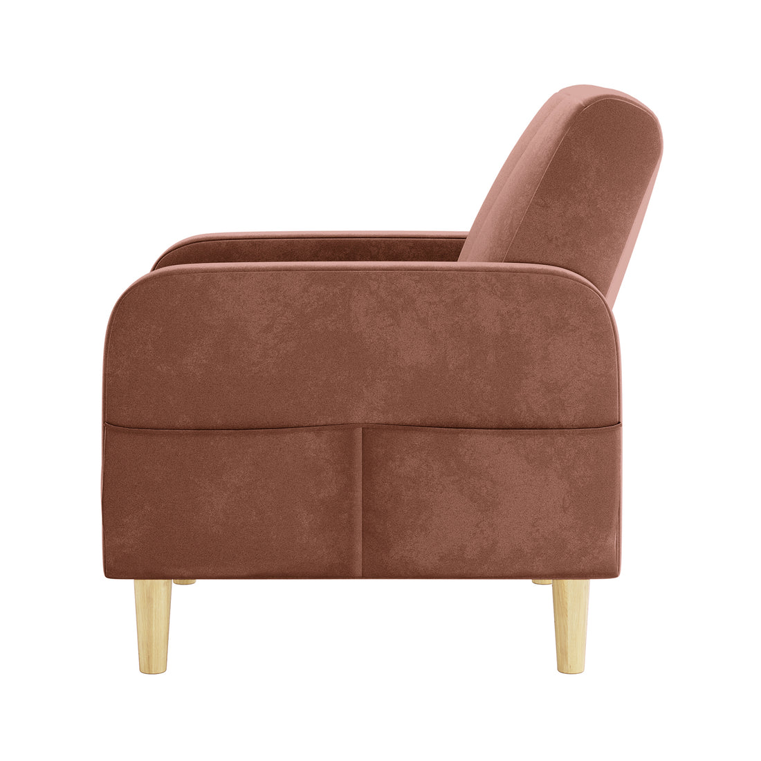 Anica Single Seater Velvet Fabric Sofa Chair in Blush features a side-view with warm brown fabric, rounded armrests, and light-wood tapered legs, highlighting its elegant and practical design.