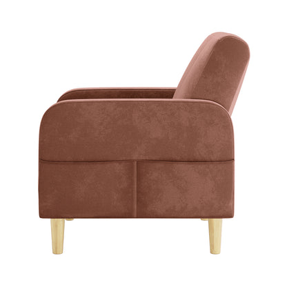 Anica Single Seater Velvet Fabric Sofa Chair in Blush features a side-view with warm brown fabric, rounded armrests, and light-wood tapered legs, highlighting its elegant and practical design.