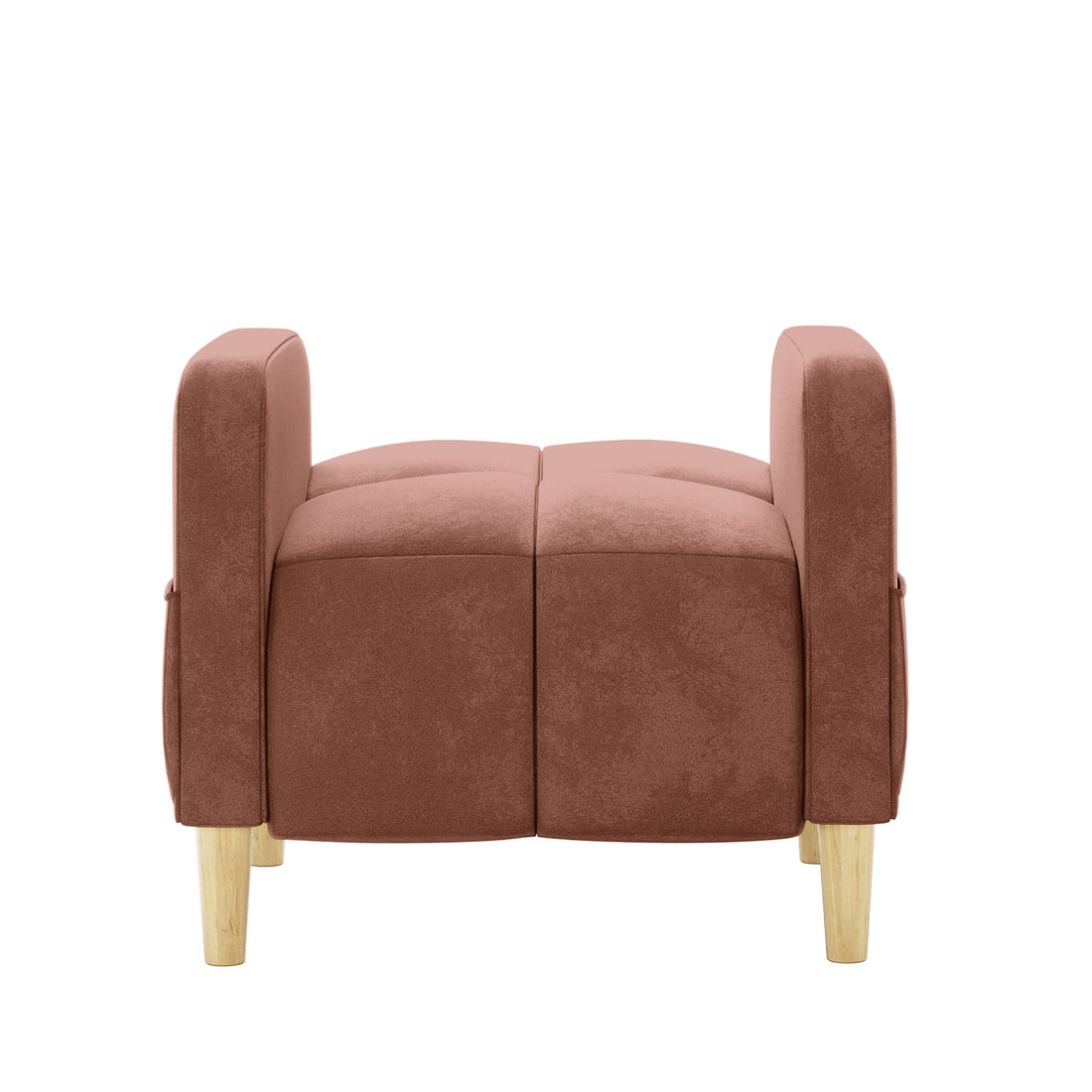 Anica Single Seater Velvet Fabric Sofa Chair in Blush, featuring two cube-shaped cushions, low armrests, and four tapered wooden legs, upholstered in luxurious velvet-like fabric for a sophisticated look.
