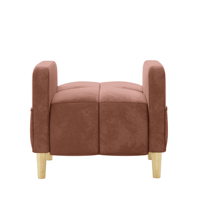 Anica Single Seater Velvet Fabric Sofa Chair in Blush, featuring two cube-shaped cushions, low armrests, and four tapered wooden legs, upholstered in luxurious velvet-like fabric for a sophisticated look.