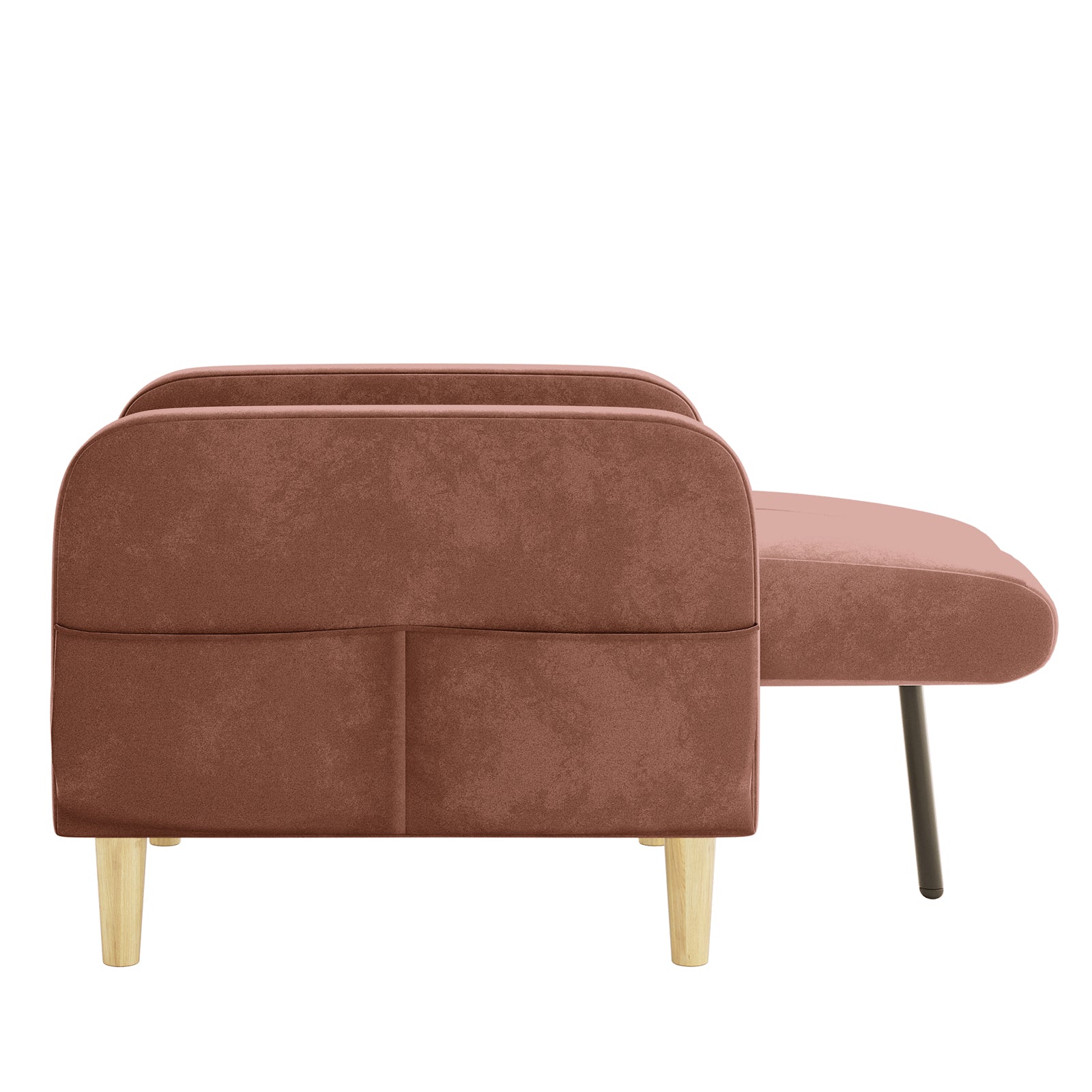 Anica Single Seater Velvet Fabric Sofa Chair in Blush, showcasing a rear view of the L-shaped design with dusty-rose velvet-like fabric and short, tapered wooden legs, plus a metal leg on the chaise.