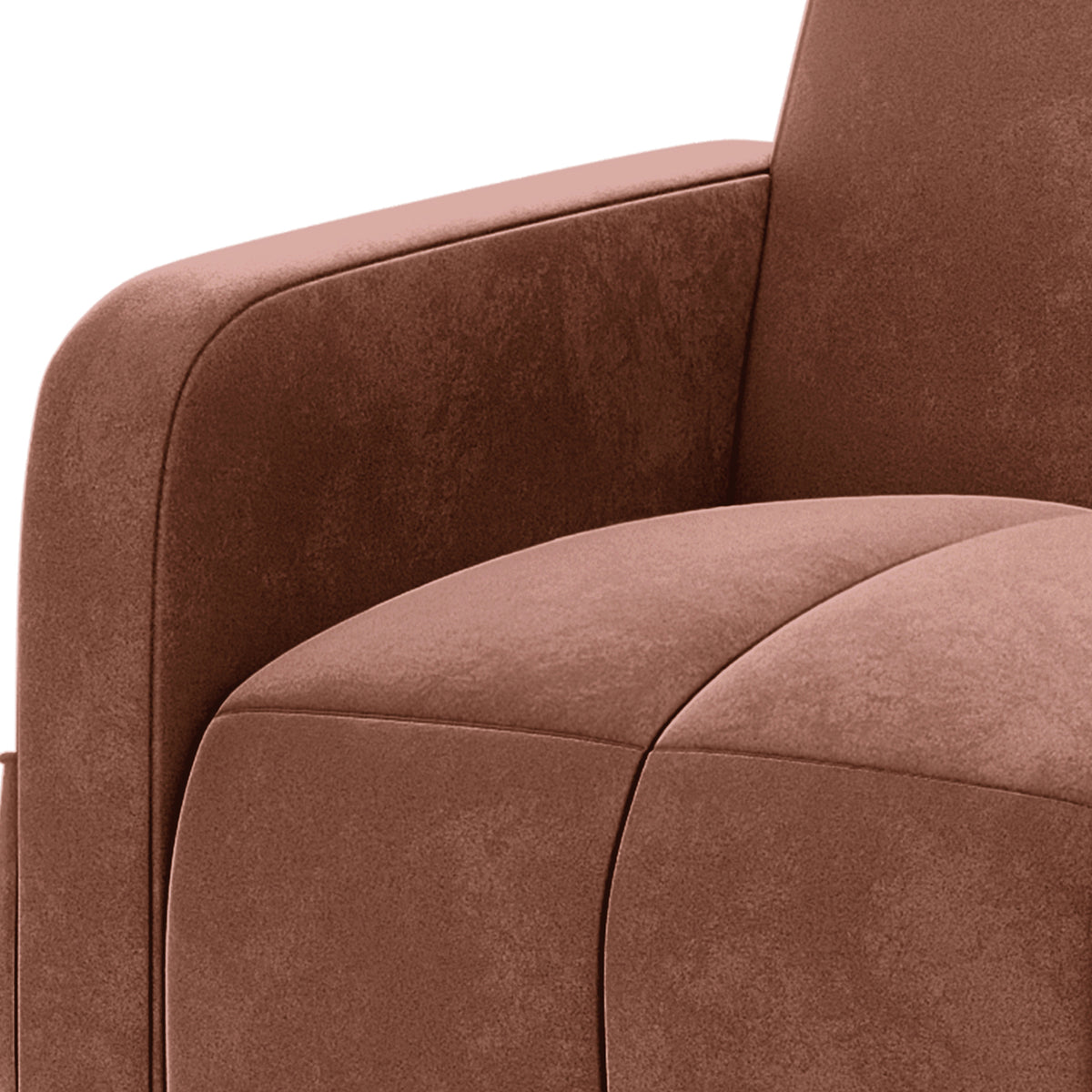Anica Single Seater Velvet Fabric Sofa Chair in Blush, featuring a modern minimalist design with padded armrests, plush seat cushion, and clean seam lines highlighting its elegant and comfortable structure.