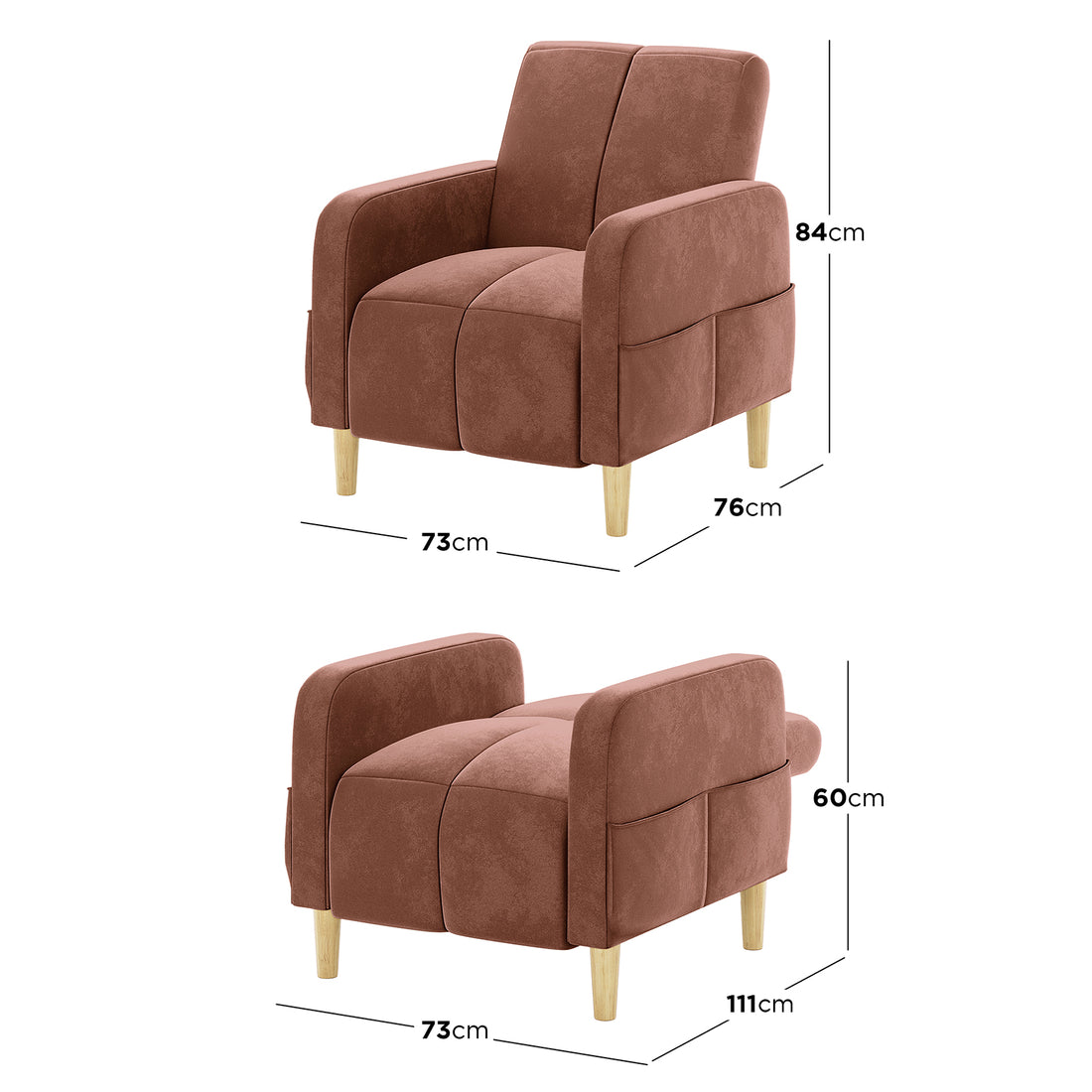 Anica Single Seater Velvet Fabric Sofa Chair in Blush, shown in upright and folded-out configurations with rust-colored upholstery, exposed wooden legs, and side storage pockets on each armrest.