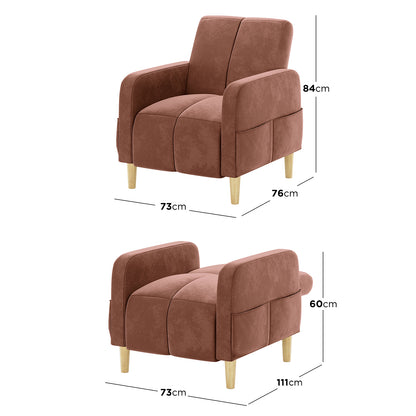 Anica Single Seater Velvet Fabric Sofa Chair in Blush, shown in upright and folded-out configurations with rust-colored upholstery, exposed wooden legs, and side storage pockets on each armrest.