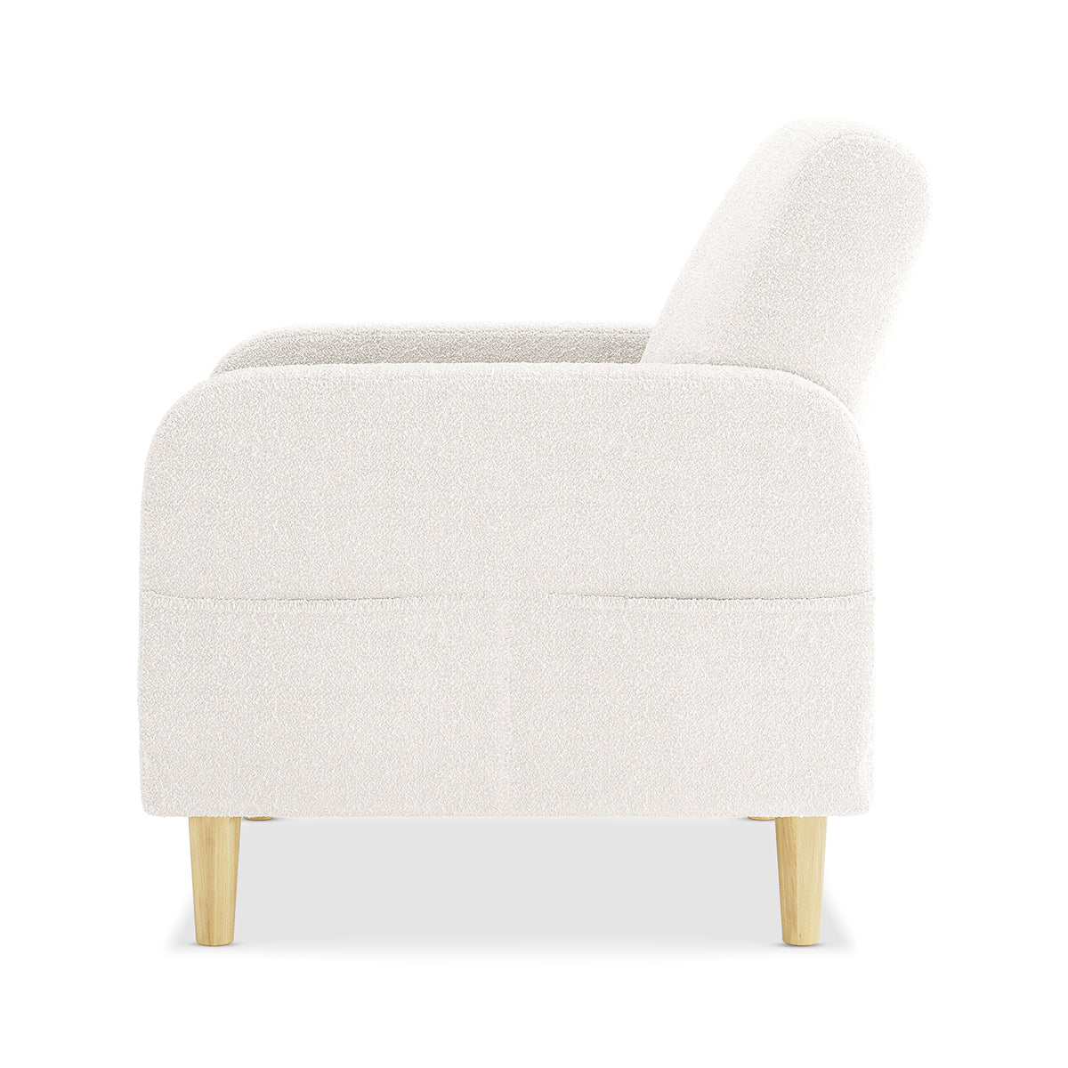 Side view of Anica 6 Seater Boucle Sofa Bed Set in Cream White, showcasing a modern armchair with a softly rounded, textured fabric shell and light-wood, tapered legs.