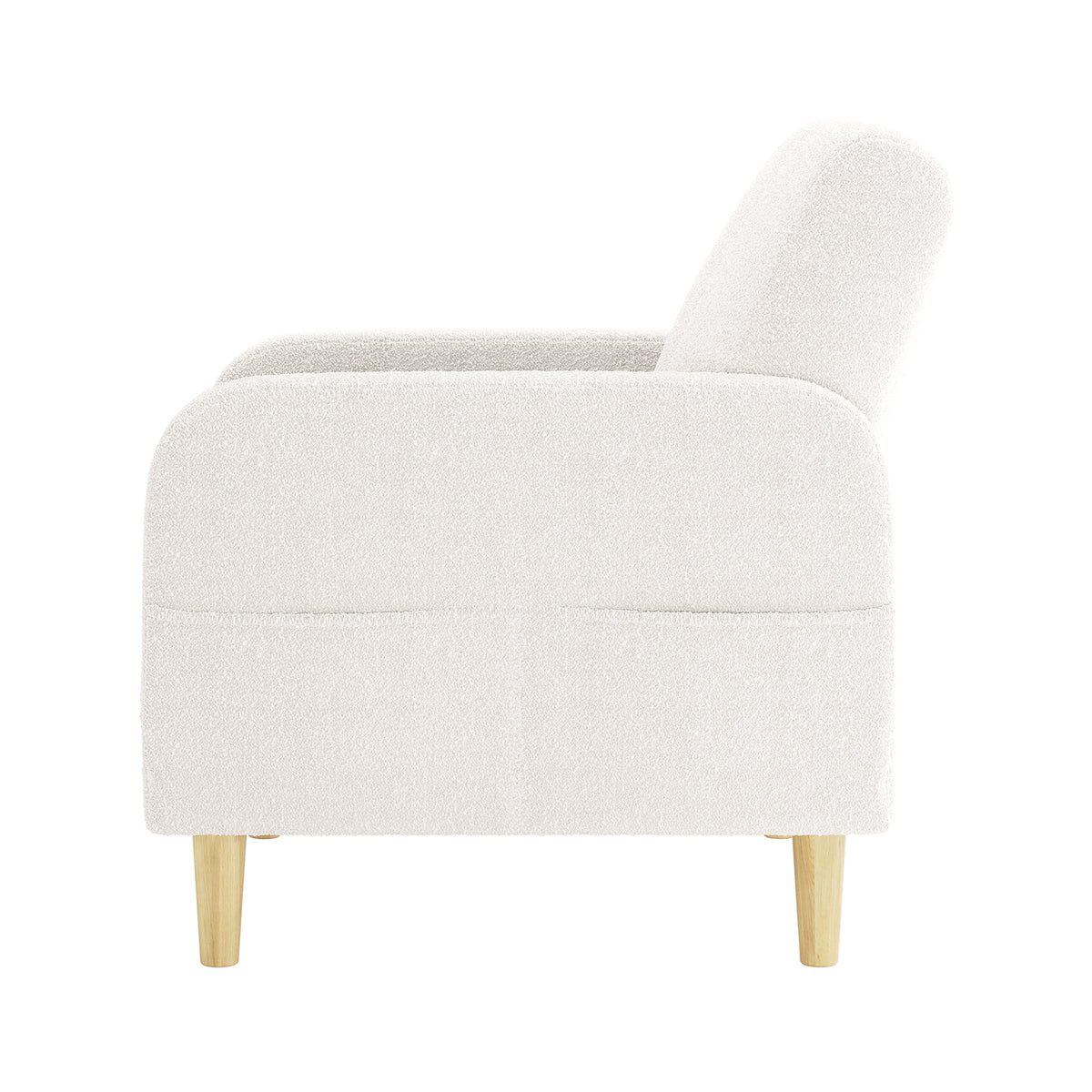 Anica Single Seater Bouclé Sofa Chair in Cream White with a rounded barrel silhouette, plush bouclé upholstery, and light wooden legs, showcased from the side on a white background.